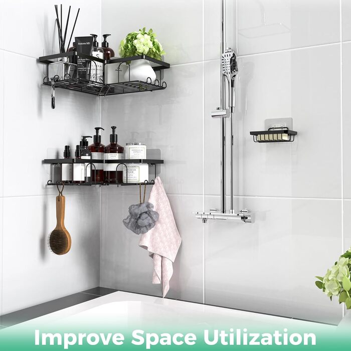 Дзеркальна поличка для душу без свердління, 2 шт. Органайзер для ванної кімнати з 8 гачками, швидковисихаюча поличка для душу, велика місткість, міцна підставка для шампуню (Чорний). 2 шт. Дзеркальна поличка для душу прямокутна (3 шт. куткова поличка для 