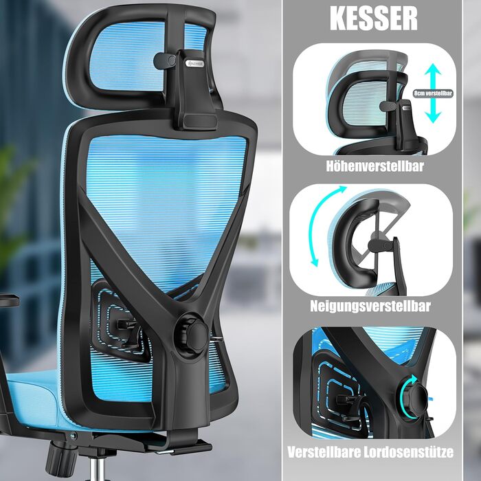 Крісло офісне KESSER® ергономічне з регульованими підлокітниками, поворотне з підтримкою попереку, з підголівником, функція гойдання до 125° та 5 роликів, блакитне/сріблясте