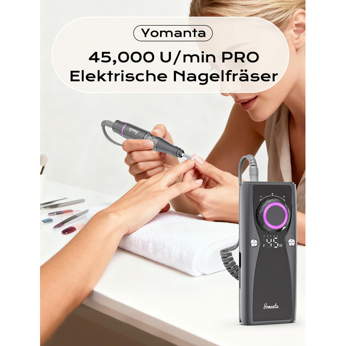 Професійний набір для фрезерування нігтів Nagelfräser: 45000 обертів, акумулятор 10H, LCD-дисплей, регулювання напрямку обертання, чорний