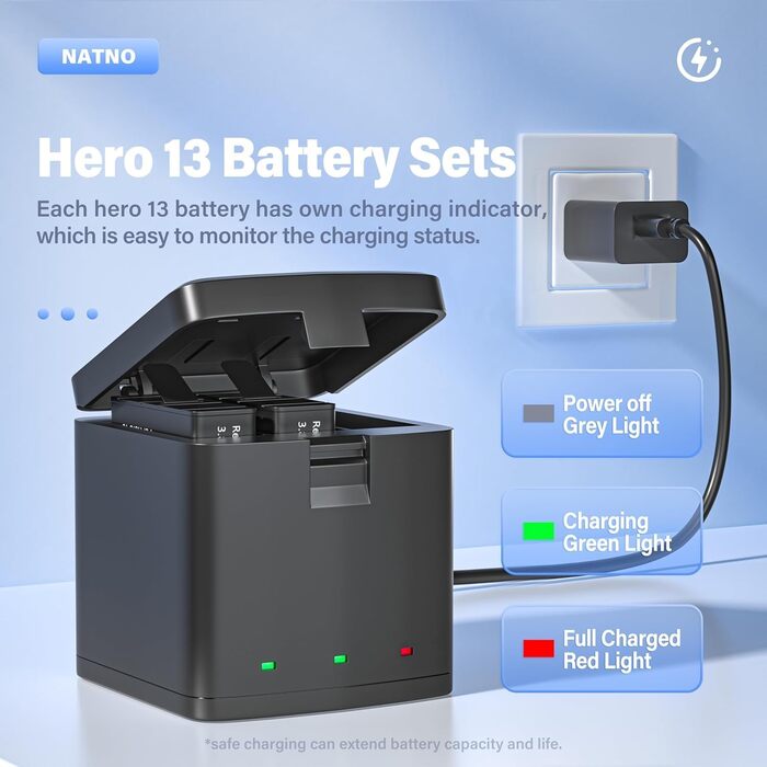 Акумулятор для GoPro Hero 13 (2 шт.) 2100mAh + Тризарядний USB-пристрій для зарядки - Сумісний з екшн-камерою Hero 13 Black