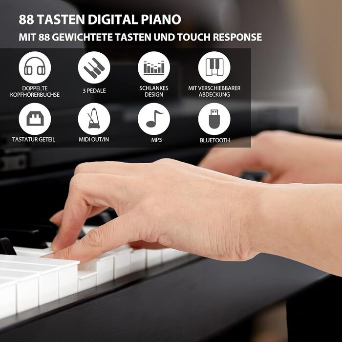 Електронне піаніно MUSTAR 88 клавіш з табуретом, цифрове піаніно, чорне, USB/MIDI, для початківців