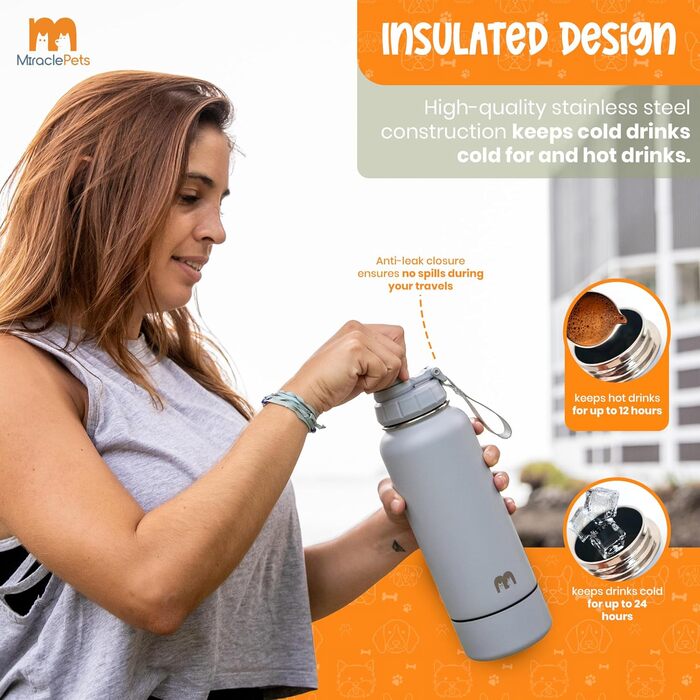 Фляга для собак Miracle Pets: 1 л, нержавіюча сталь, BPA-free, з мийкою, для подорожей