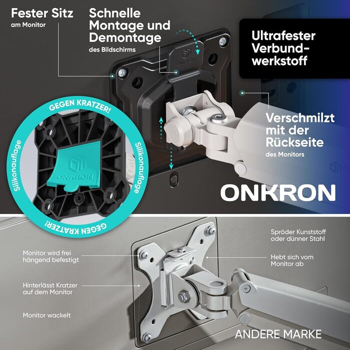 Кронштейн для монітора ONKRON G80-BW з газліфтом, для екранів 13-32 дюймів до 10 кг, VESA 75x75 / 100x100, регулювання висоти та нахилу, біло-чорний