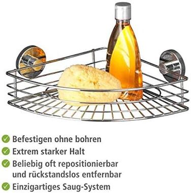 WENKO Vacuum-Loc Corner Shelf Bari, Corner Wall Shelf, Mounting without Drilling with Vacuum, Chrome-plated Metal, 35 x 9 x 22.5 cm