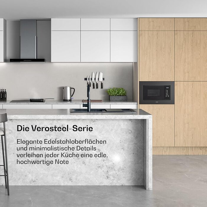 Мікрохвильова піч Klarstein Verosteel Einbaumikrowelle 60 см з грилем – 20L, 700W, 8 програм, сенсорне керування, нержавіюча сталь, функція розморожування, LED-підсвічування, чорна нержавіюча сталь