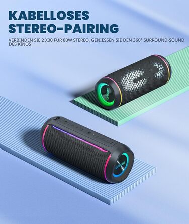 Ortizan Bluetooth колонка з LED підсвіткою, 40 Вт, IPX7 водонепроникна, 30 год роботи, чорна