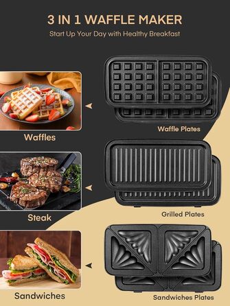 Sandwichmaker 1200W 3-в-1: сендвічниця, вафельниця, контактний гриль з регулюванням температури та антипригарним покриттям | LED-дисплей, нержавіюча сталь/чорний