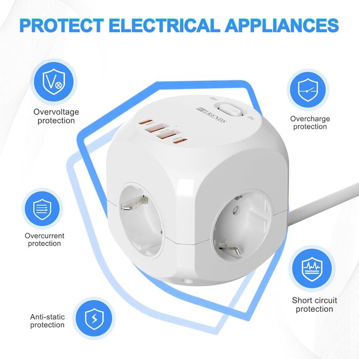Блок розеток з USB-C, 4 розетки, плоский штекер, індивідуальне вмикання, багаторозетка-куб з 2м плетеним кабелем для офісу, дому, подорожей - білий 002-MF (4 розетки 2м)