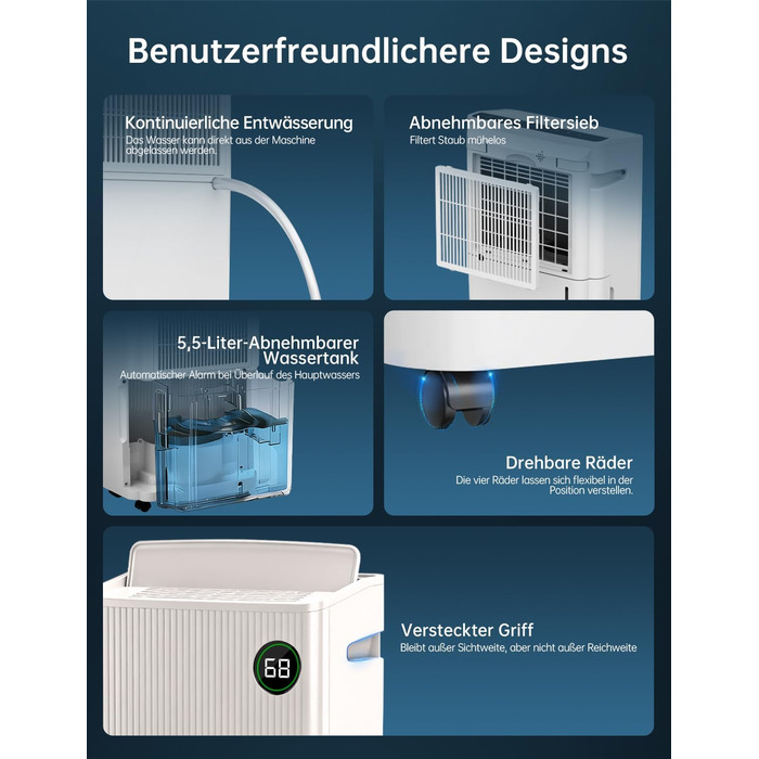 Електричний осушувач повітря 20L для підвалу та кімнат, тиха робота 39dB, таймер, шланг 1м, гарантія 10 років
