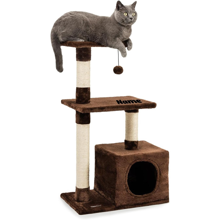 Lionto Scratching Post for Cats with Cave and Plush Ball incl. Bell, Height 85 cm, Cat Tree with Sisal & Plush, Cozy Lying Areas & Cave, Suitable for Small & Large Cats, (Brown (with nameplate))