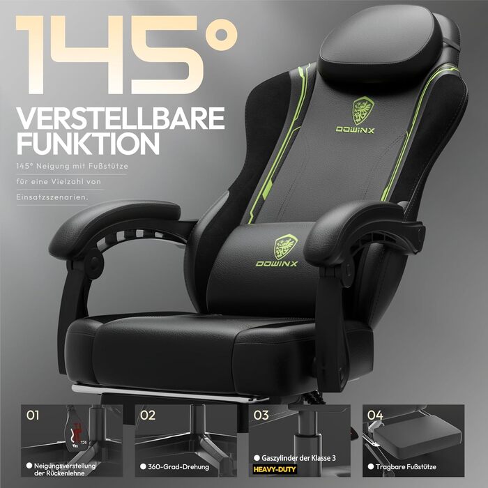 Ігровий крісло Dowinx з PU-шкіри, ергономічний, з підтримкою попереку, для ПК, 150 кг, зелений