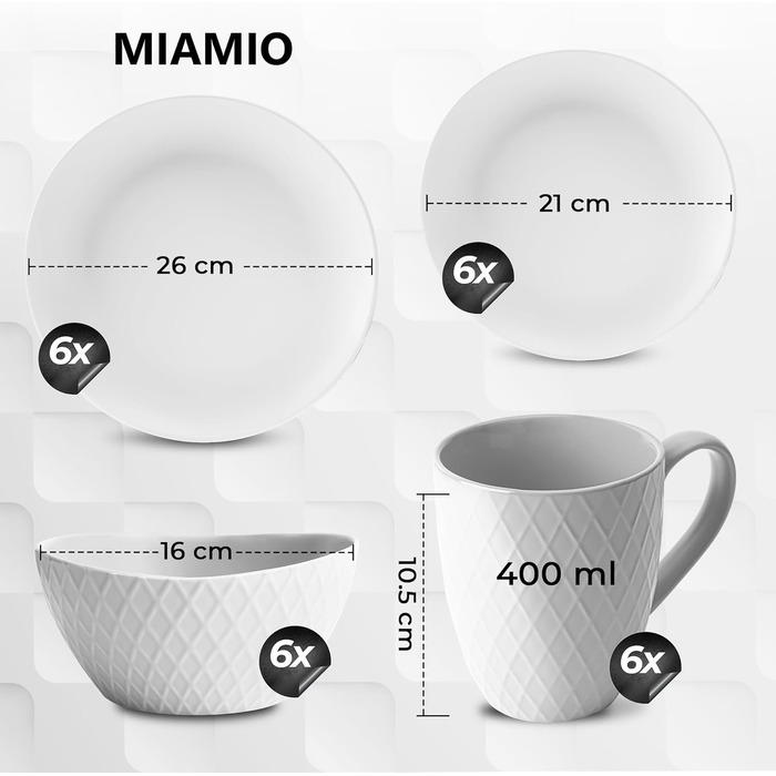 MIAMIO Набір посуду з 24 предметів з кераміки (6 персон) - посуд для обіду, сумісний з мийною машиною та мікрохвильовою піччю, Palmanova Kollection