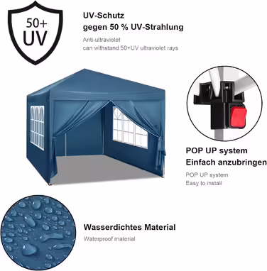 WOLTU павільйон Pop-Up водонепроникний складний павільйон із боковинами для саду, тераси, кемпінгу та фестивалів, металевий каркас, 3x3 м, синій, оксфордська тканина, сонцезахист
