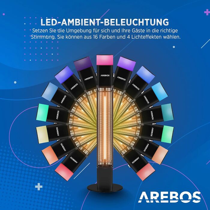 Електричний інфрачервоний обігрівач Arebos 1500W з LED-підсвічуванням та пультом керування | Обігрівач для тераси, вуличний, чорний