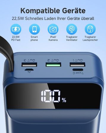 Power Bank 60000mAh 22,5W USB-C: Зовнішній акумулятор для смартфонів, планшетів, блакитний