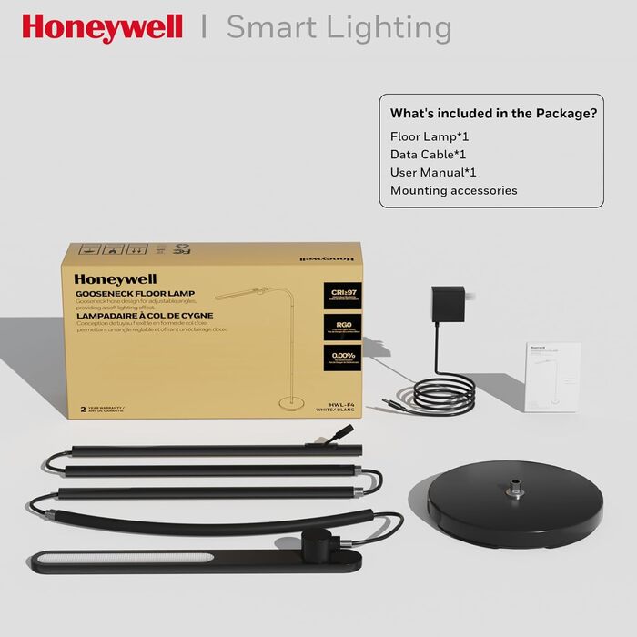 LED торшер Honeywell F4 Sunturalux™ з регулюванням яскравості, гнучкий гніздовий кріплення, сучасний дизайн для комфортного читання у вітальні, спальні, офісі (чорний)