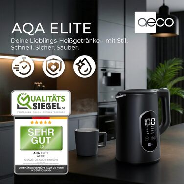 Електричний чайник Aeco AQA NEO з нержавіючої сталі, 1.7 л, 2150 Вт, без BPA, фільтр від накипу, бездротовий, CoolTouch, шампань срібло (Aqa Elite (чорний матовий))