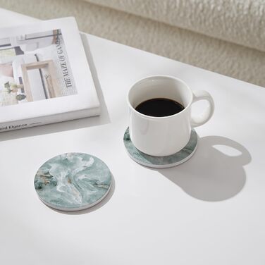 Set of 6 abstract dark blue marble coasters with holder, absorbent ceramic coasters for drinks, coasters with cork backing for table protection, housewarming gifts (Abstract Green Marble)