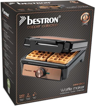 Вафельниця Bestron для приготування бельгійських вафель, чорна, з антипригарним покриттям та Cool Touch ручкою, колекція Black Label (2 вафлі, мідь)