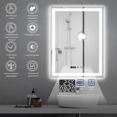 Дзеркало для ванної кімнати YU YUSING з підсвічуванням 60x80 см, антизапітніння, 3 кольори світла, регулювання яскравості, LED, годинник, IP44, металевий каркас, вертикальне, срібне