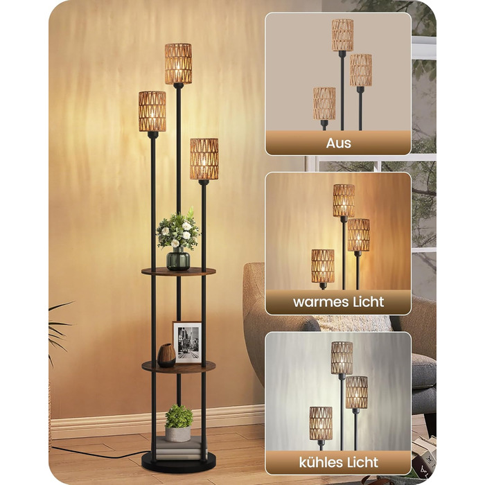 Стельова лампа для вітальні з полицею, 3-лампова торшер з етажеркою у стилі вінтаж, бохо торшер з дерева з вимикачем на ніжці, патрон E27, ретро-дизайн у кольорах коричневого та бежевого, ZEF53LDD05 (Ротанг, Чорний)