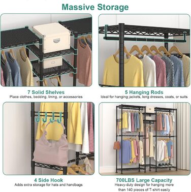 Clothes Rack, Clothes Rack, 4-Tier, Adjustable Closet Organizer System with Drawer | Double Rods | Side Hooks | Holds 445 lbs (L-shaped Clothes Rack for Corners)