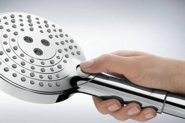 hansgrohe Raindance Select S - water-saving showerhead 9 l/min (EcoSmart), hand shower with 3 spray patterns, round shower head (⌀ 120 mm), water-saving showerhead with anti-limescale function, (showerhead incl. PowderRain + hose, Chrome, showerhead incl. PowderRain + hose)