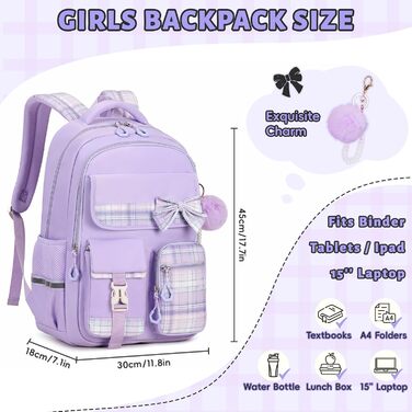 Шкільний рюкзак Tanou для дівчаток, водонепроникний, з ручкою-телескопом, візерунок 'каваї', 9-16 років (фіолетовий)