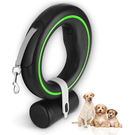 Висувна собача шлейка Hände Frei, 360° без перекручування, з тримачем для пакетів, 3м, для середніх та маленьких собак (Чорний/Зелений)