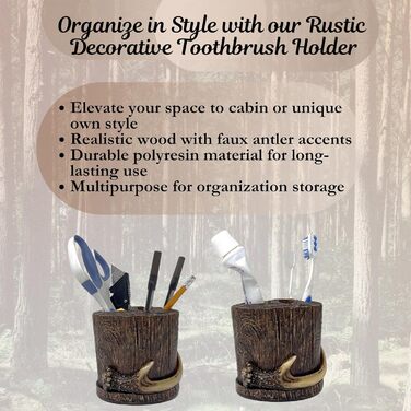 BestGiftEver Realistic Wooden Toothbrush Holder with Artificial Antler, Wildlife and Forest Theme, Cabin-Style Home Decor, Ideal for Outdoor Nature Lovers and Hunting Enthusiasts