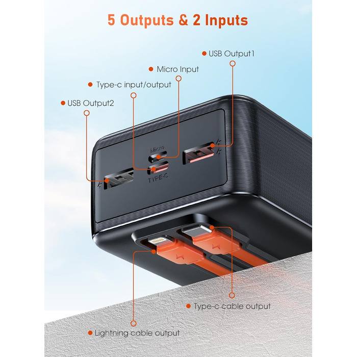 Power Bank 50000mAh з LED дисплеєм та ліхтариком: швидка зарядка PD30W, 5 входів/2 виходи, чорно-помаранчевий