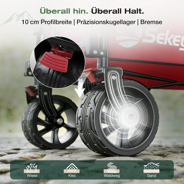 Універсальний візок Sekey XXL Plus 200L/200кг: Складаний, гальмівний, позашляховий, червоно-сірий, колеса 10 см