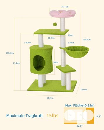 Кігтеточка-будинок для котів з квітами, 104 см, зелено-рожевий. Багатоповерхова кігтеточка з гамаком та будиночком.