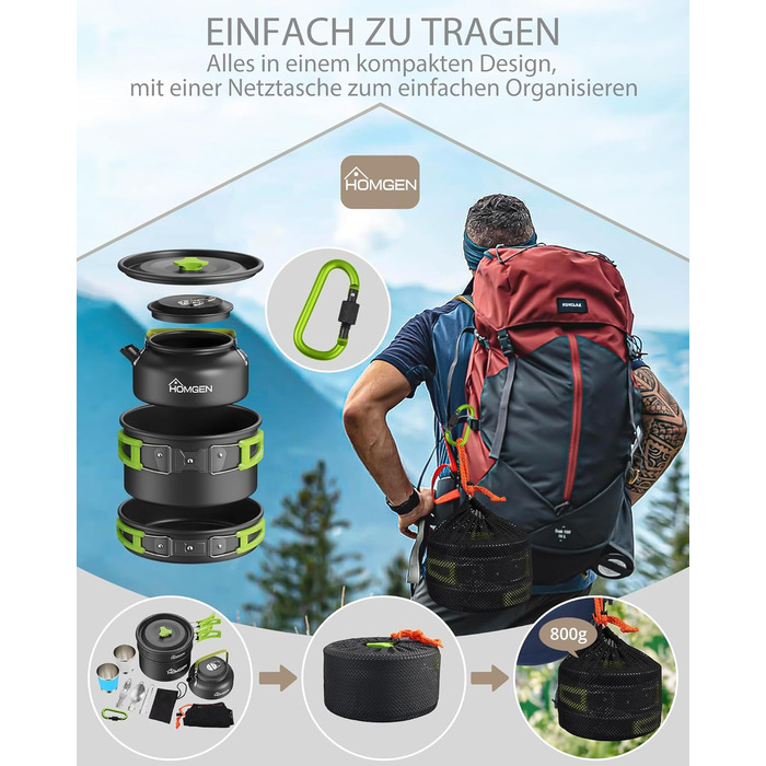 Набір кухонного посуду для кемпінгу Homgen: каструлі та сковорідки з алюмінію, легкий, для 2-3 осіб, з сумкою для зберігання, підходить для кемпінгу, пікніків, походів