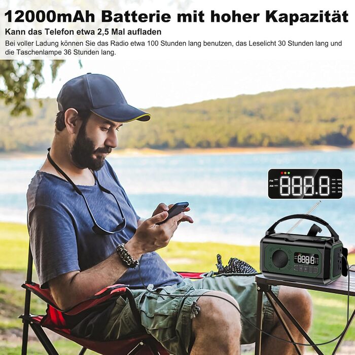 Радіоприймач Kurbelradio на сонячній енергії з ручним заводом, 12000mAh, 7-в-1, SOS, ліхтарик, компас, зелений