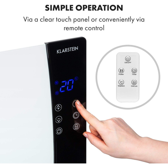 Конвектор Klarstein Lindholm з LED-дисплеєм, керуванням Touch-Panel та пульт дистанційного керування, 1000/2000 Вт, термостат, захист від перегріву, білий