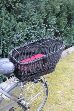 Корзина для велосипеда для перевезення вантажу з ротангу з металевою сіткою та подушкою, чорна XL або XXL. Підходить для собак та інших тварин. Розміри: XL (56 x 36 x 45 см) з подушкою.