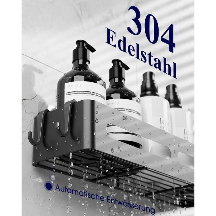 Настінна поличка для душу без свердління Kitsure, 2 шт., чорна, 33.5 x 12.0 x 5.5 см