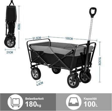 Універсальний складаний візок EUGAD Bollerwagen 100л для транспортування, саду, кемпінгу, пляжу, чорно-сірий, вантажопідйомність 180 кг