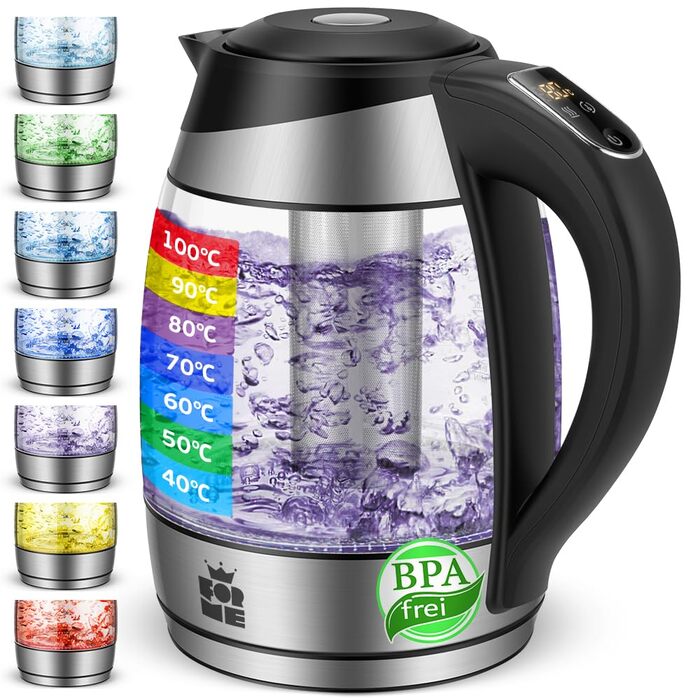 Електричний чайник FOR ME Glas з ситом, 1.8L, регулювання температури 40-100°C, 7 кольорів LED, підтримання тепла, без BPA