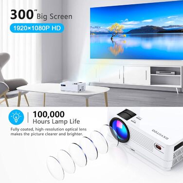 Проектор Nativer 1080P з Wi-Fi та Bluetooth, Full HD для кінотеатру на відкритому повітрі, 300-дюймовий дисплей, 4K, сумісний з iOS/Android/PC/XBox/PS4/TV-Stick/HDMI/USB, білий
