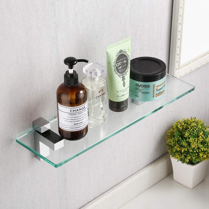 KES Shower Shelf for Hanging, Bathroom Shelf, Wall Shelf, Shower Glass Shelf, 8mm Shower Shelf, Bathroom Shelf, Tempered Glass with Shelf Supports, 60cm Brushed Nickel, BGS3201S60-2 (40 CM, Polished Chrome)