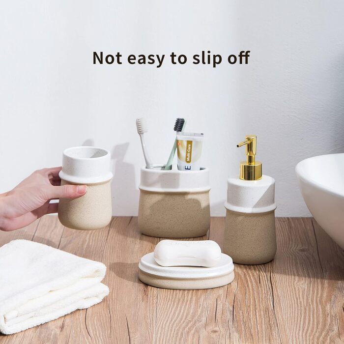 Набір аксесуарів для ванної кімнати в стилі фермерського дому, 4 шт., кераміка, подарунковий комплект, включає: стакан для зубної щітки, дозатор мила, мильниця, стакан, бежевий
