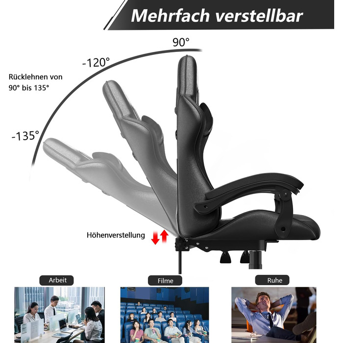 Геймерське крісло Racingreat Ergonomic: PC крісло для геймерів та офісу з регульованим кутом нахилу, PU шкіра, подушка під голову. Чорне.