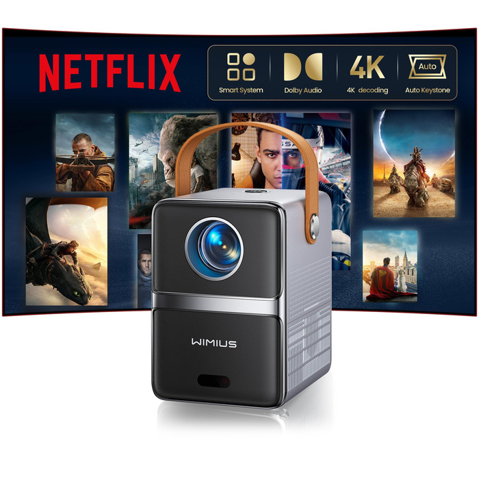 Mini проєктор Beamer 4K з WiFi 6, Dolby Audio та підтримкою Netflix | 1080P Full HD, інтегровані додатки, автоматичне фокусування, вертикальна корекція трапецеїдальних спотворень, короткофокусний, сріблясто-сірий