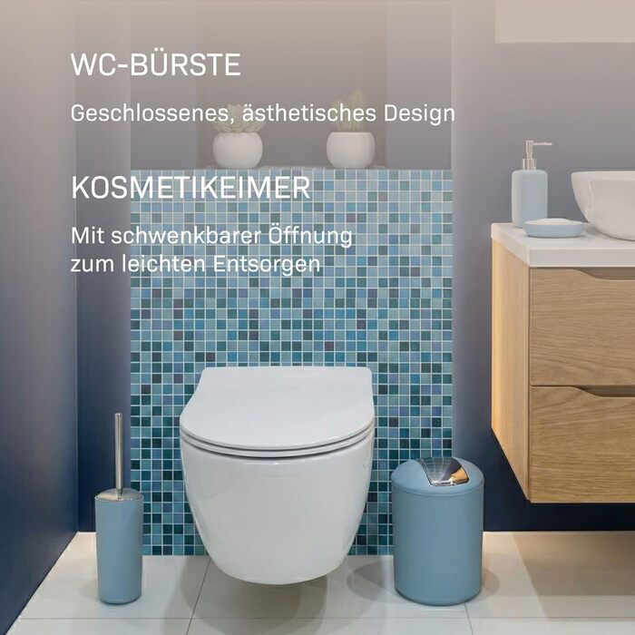 Набір аксесуарів для ванної кімнати 6 предметів, пластик, блакитний: туалетний йоржик, кошик для сміття, стакан для зубних щіток, мильниця, дозатор для мила, декоративна тарілка