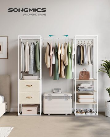 SONGMICS Clothes Rack, Open Wardrobe, High-Load-Capacity Coat Rack, 1 Extendable Rod, 2 Drawers, 4 Shelves, for Bedroom, Space-Saving, Natural Beige RGR003W67