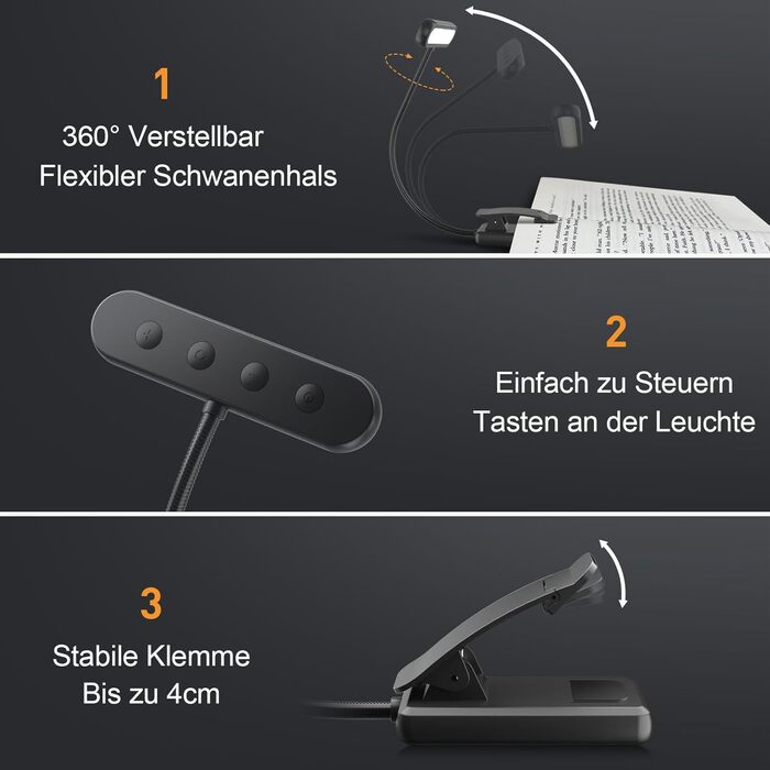 Ліхтарик для читання з кліпсою, USB-C, 3 кольори світла, 10 рівнів яскравості, гнучкий регульований тримач, для книг, дітей, чорний - 2 шт.