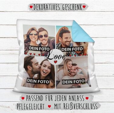 Фотоподушка з наповнювачем Print Royal Love – фотоколаж з 4 фото, індивідуальний напис, подарунок, кольорова, зворот блакитний