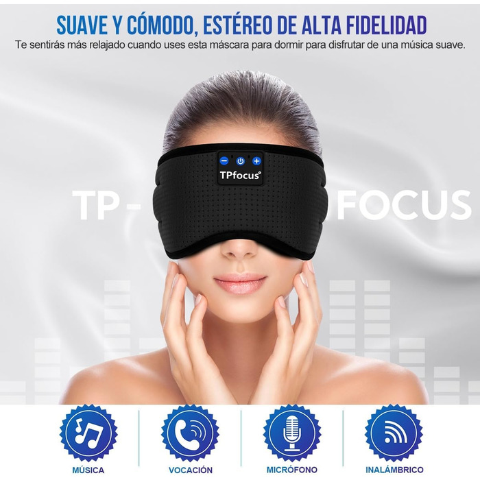 Маска для сну TPfocus з навушниками для тих, хто спить на боці, Bluetooth, миється, блокує світло, з мікрофоном, чорний (Ice Black)